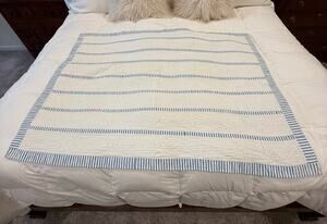 Vintage Heirloom Baby Quilt White with Blue Stripes Crib Blanket Quilt cottage